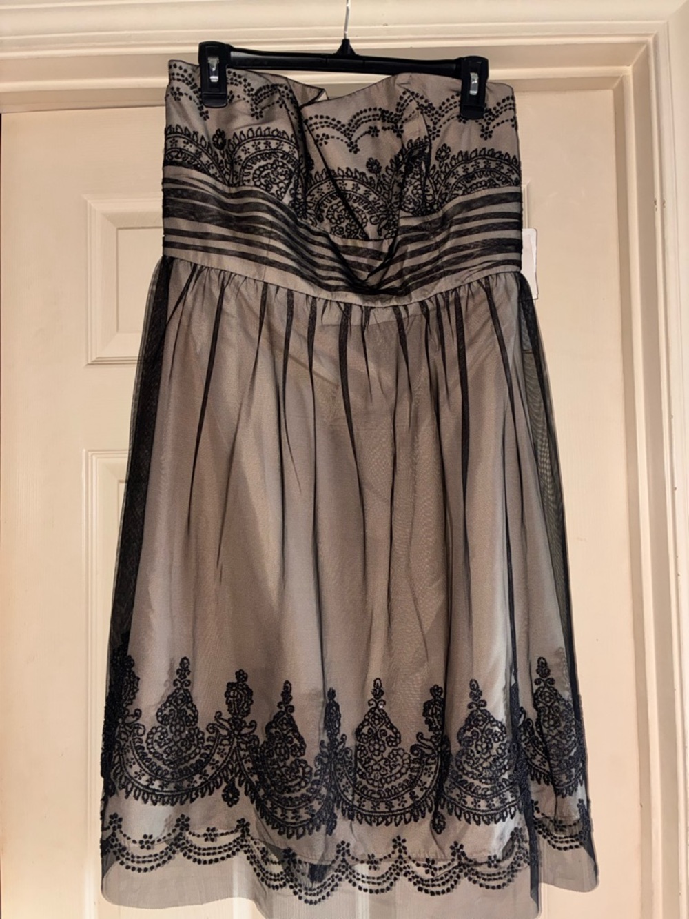 David's Bridal Strapless Beige Dress with Black Lace Overlay